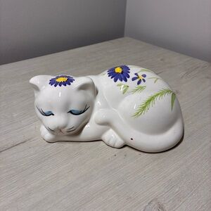 Vintage Floral Ceramic Cat Figurine Hand Painted Retro Home Decor Accent